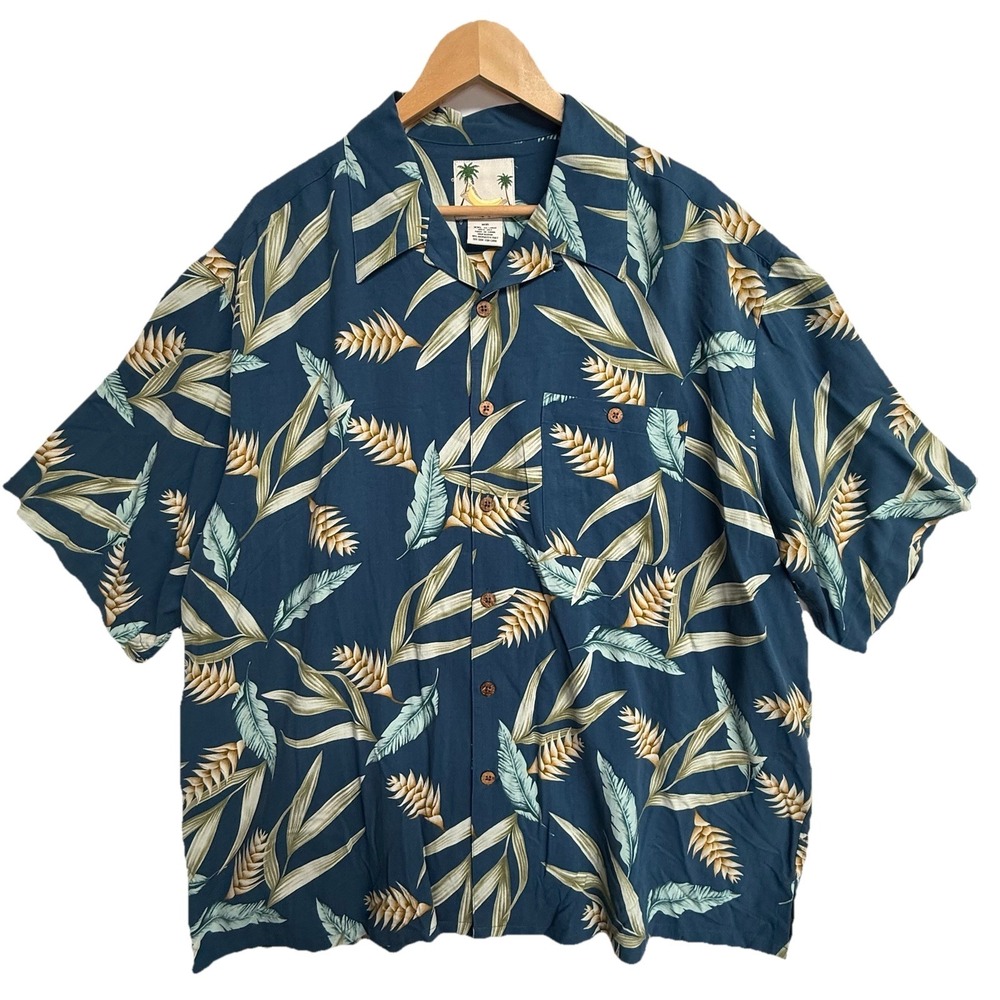 Banana Cabana 100% Silk‎ Shirt Mens XXL Blue Hawaiian Tropical Camp
